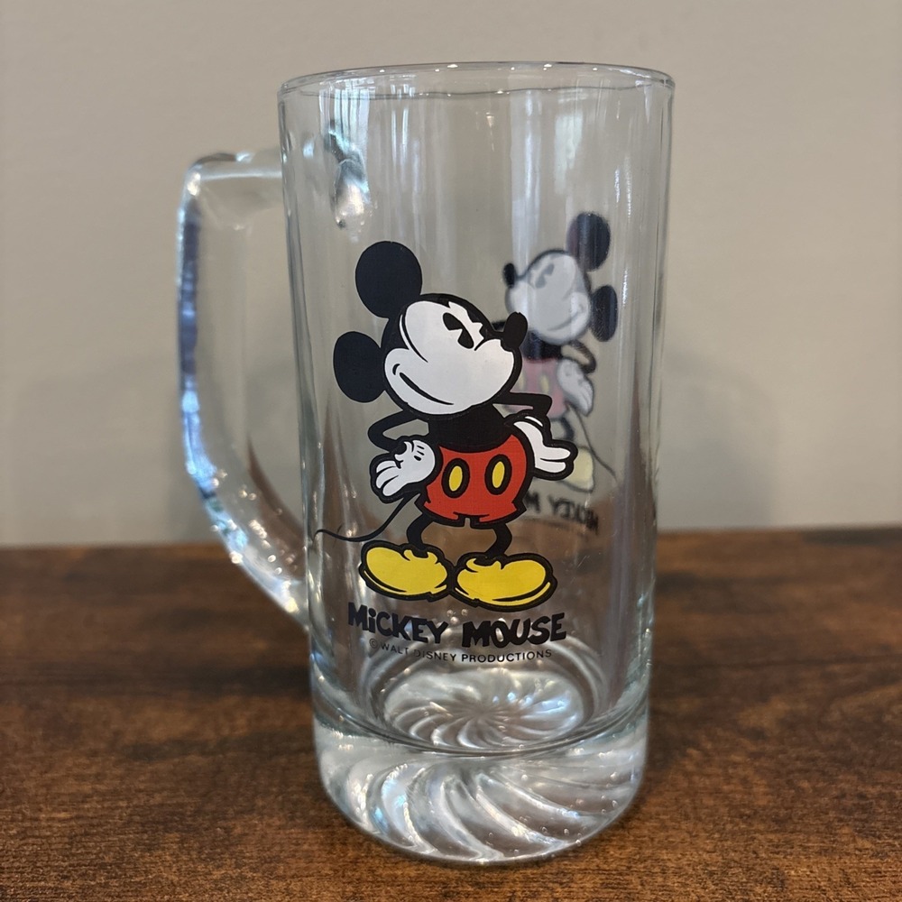 Vintage Disney Mickey Mouse Clear Glass Tall Drinking Mug Stein 6"